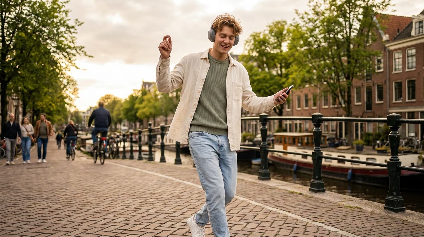 A young man in over-ear headphones dancing across a canal bridge in a European city, phone loose in one hand