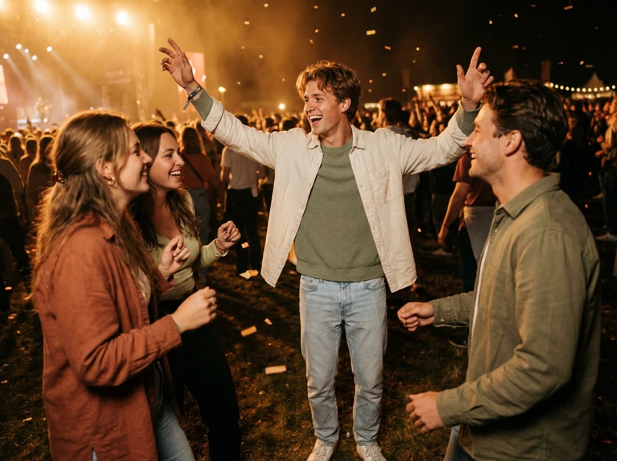Laughing and dancing with friends at a night concert, arms up, fully unplugged