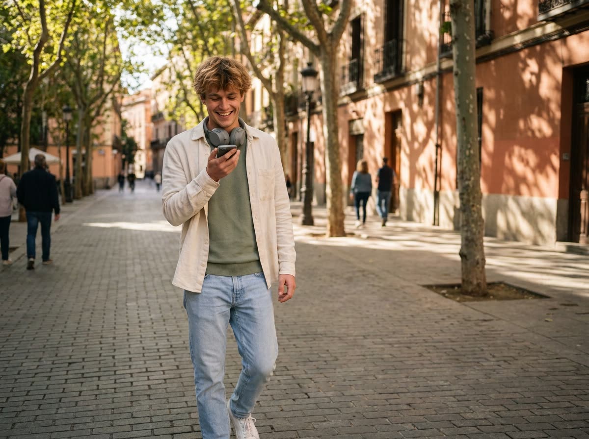 Walking a sunny street, speaking casually to a phone held at chest height