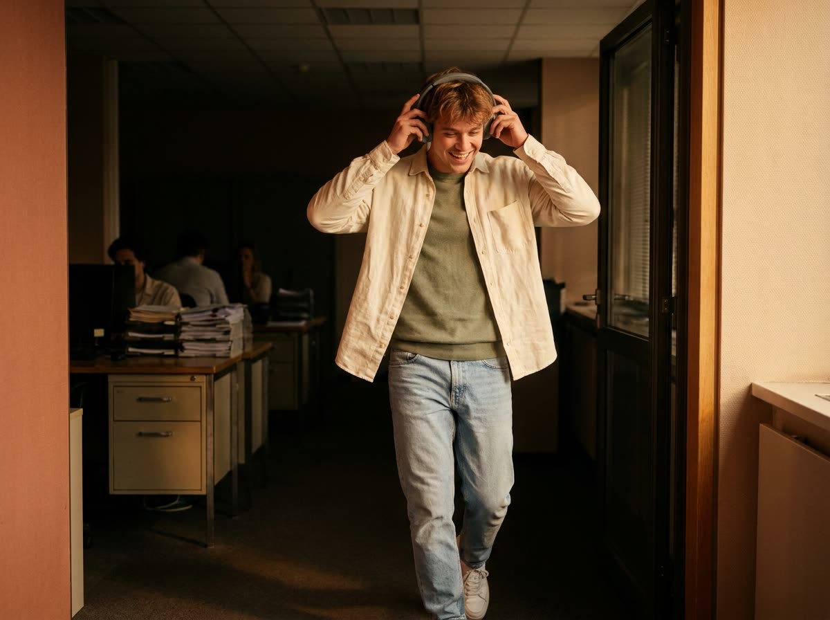Grinning and pulling his headphones on as he walks out of a dim office
